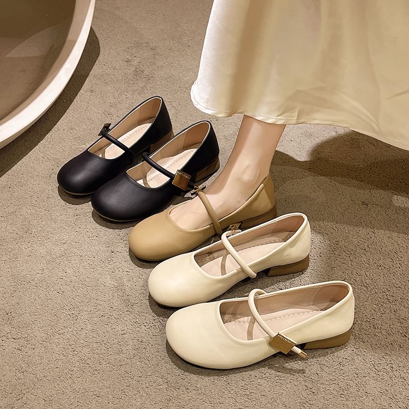 Jane Faux Heel Plain Chunky Shoes Mary Leather