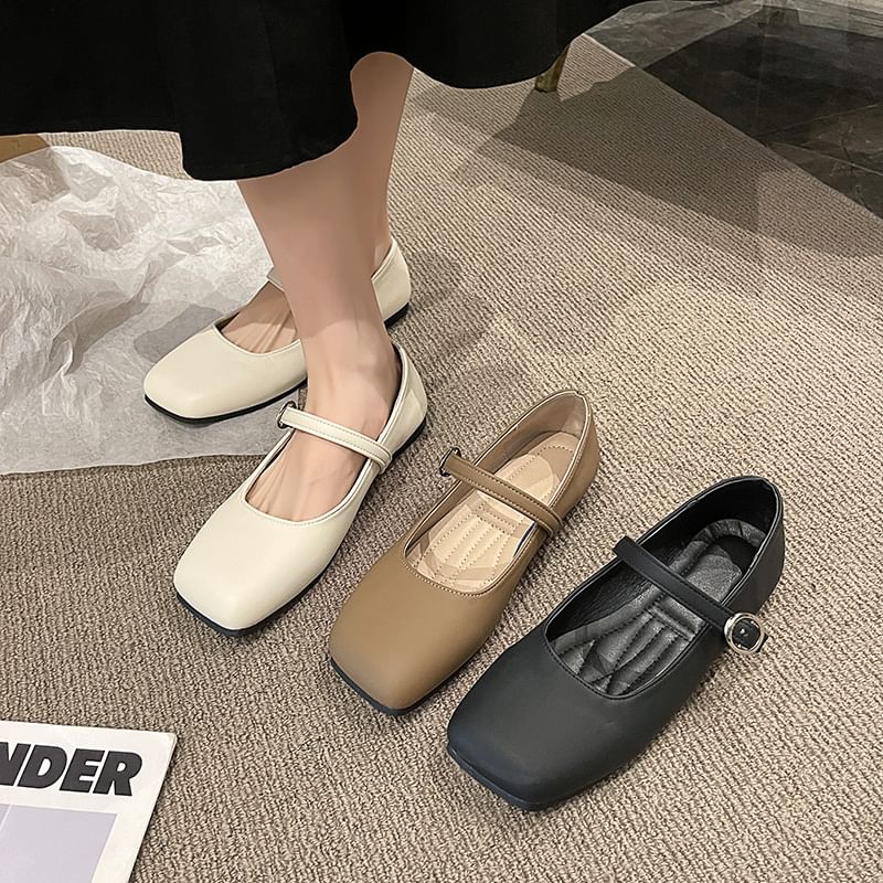 Square Plain Faux Jane Flats Toe Leather Mary
