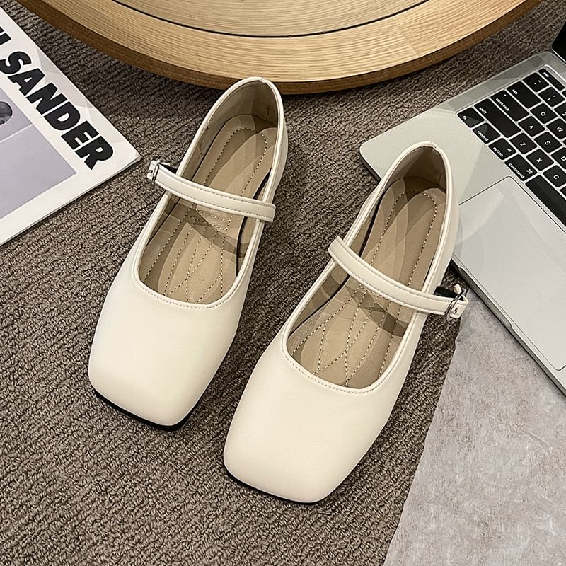 Square Plain Faux Jane Flats Toe Leather Mary