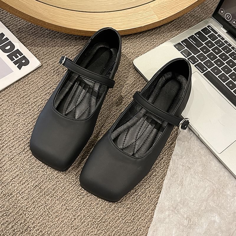 Square Plain Faux Jane Flats Toe Leather Mary