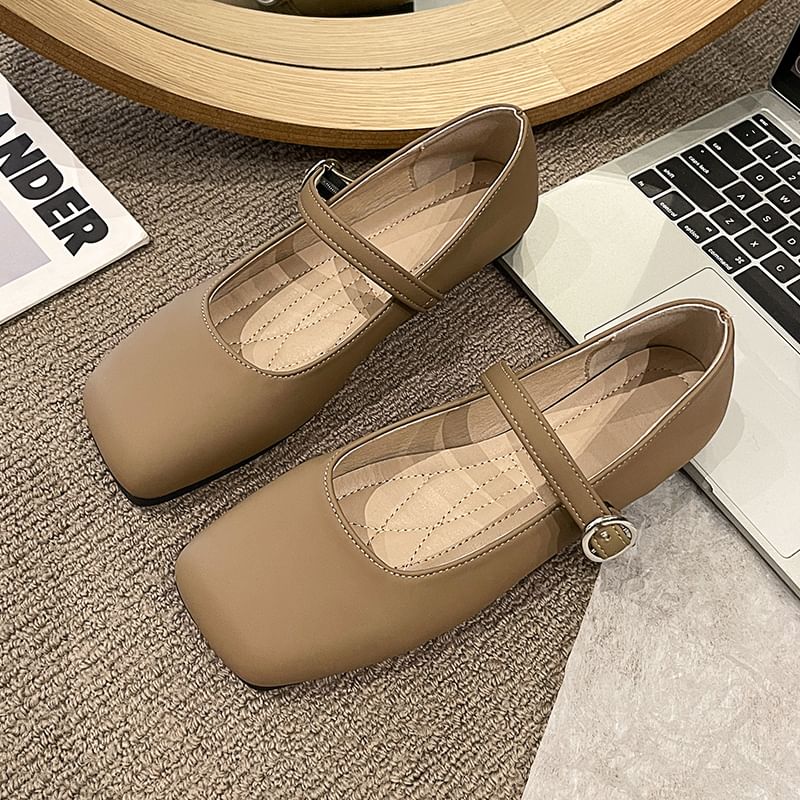 Square Plain Faux Jane Flats Toe Leather Mary