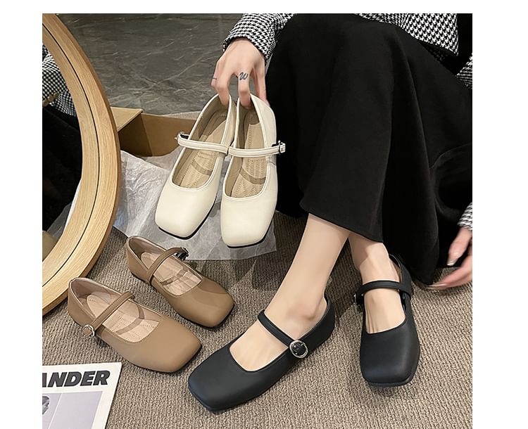 Square Plain Faux Jane Flats Toe Leather Mary