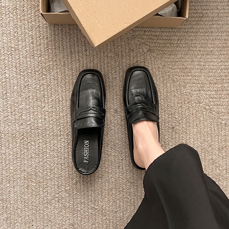 Chunky Plain Faux Mules Penny Leather Heel Loafer