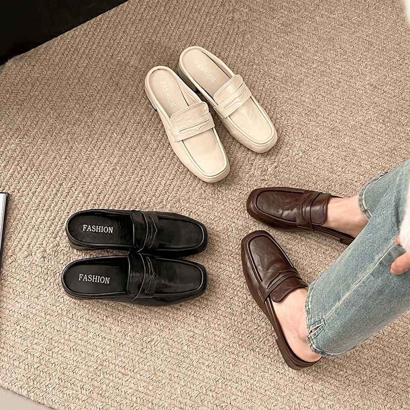 Chunky Plain Faux Mules Penny Leather Heel Loafer