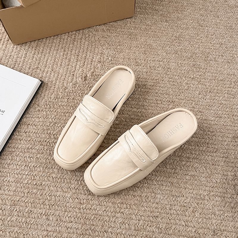 Chunky Plain Faux Mules Penny Leather Heel Loafer
