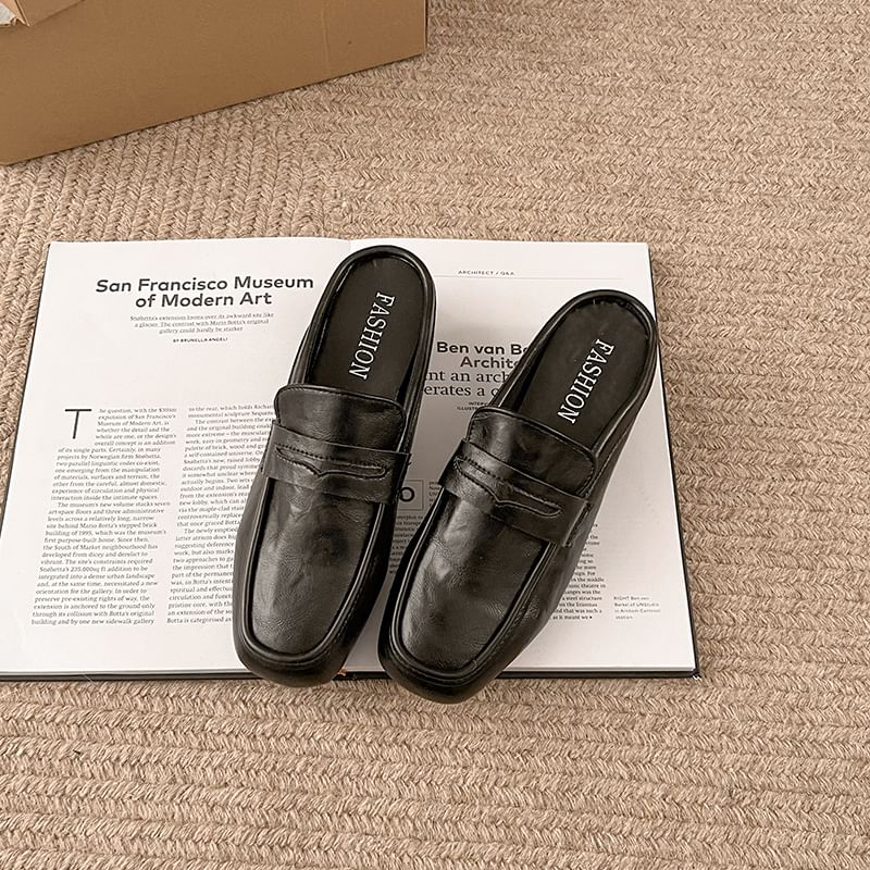 Chunky Plain Faux Mules Penny Leather Heel Loafer