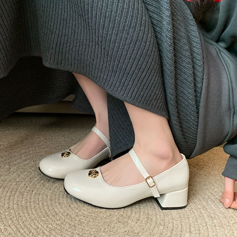 Mary Leather Accent Heel Jane Flower Pumps Patent Chunky