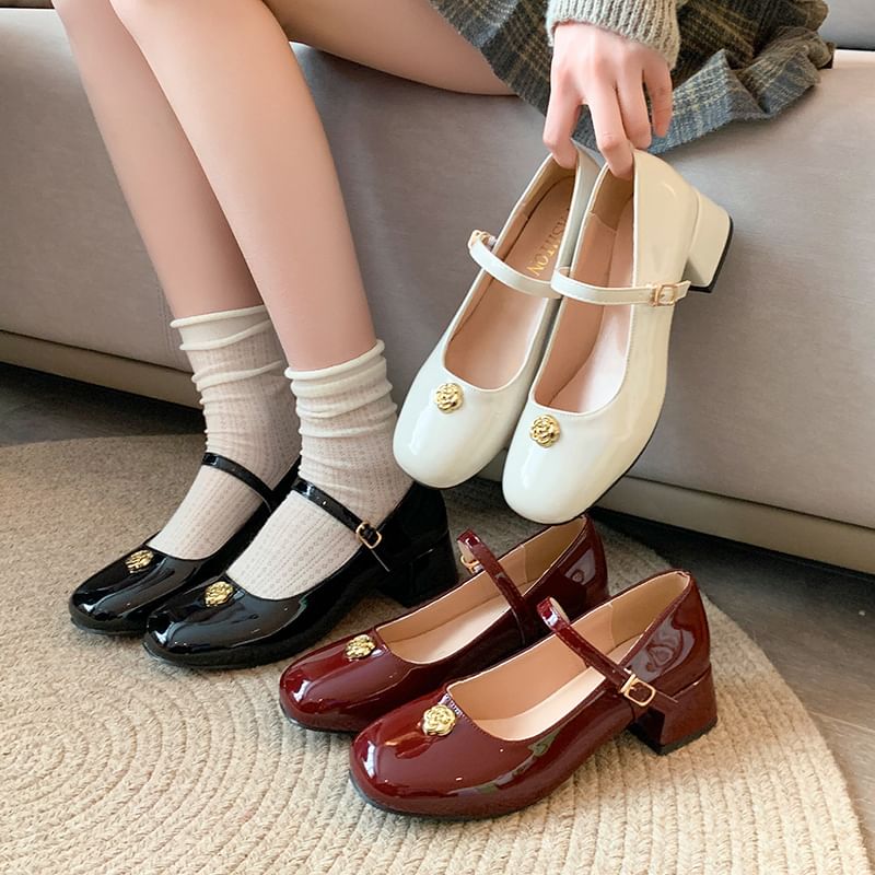 Mary Leather Accent Heel Jane Flower Pumps Patent Chunky