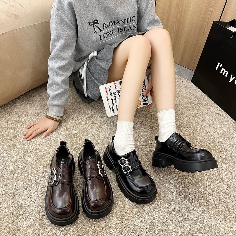 Plain Platform Shoes Leather Buckled Faux