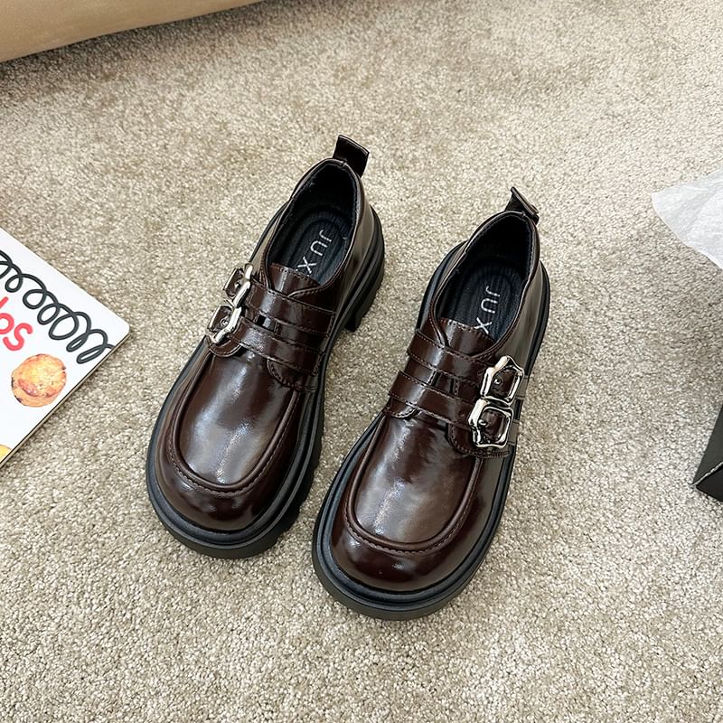 Plain Platform Shoes Leather Buckled Faux