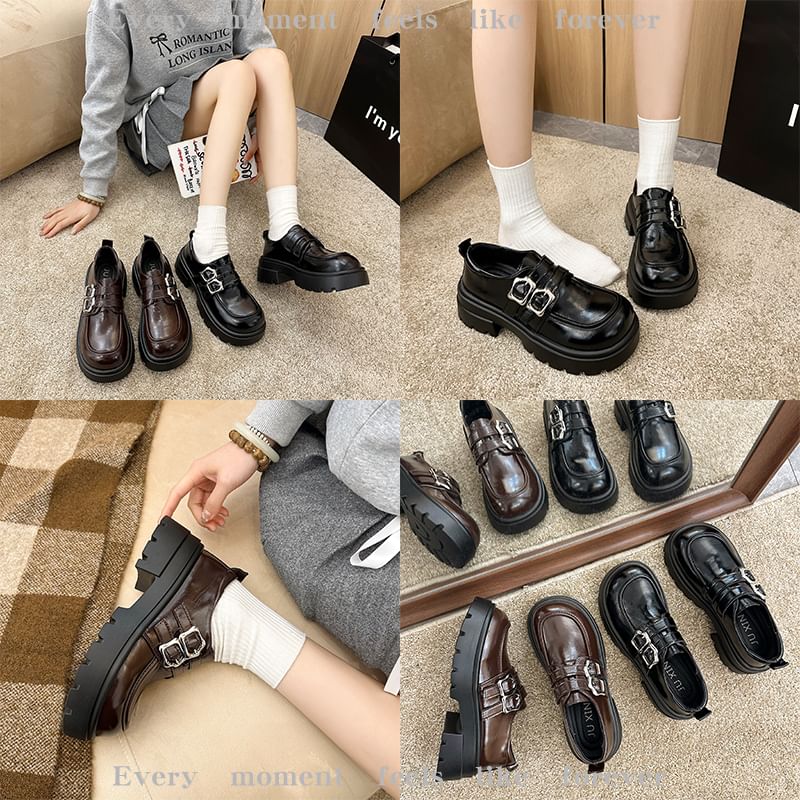 Plain Platform Shoes Leather Buckled Faux