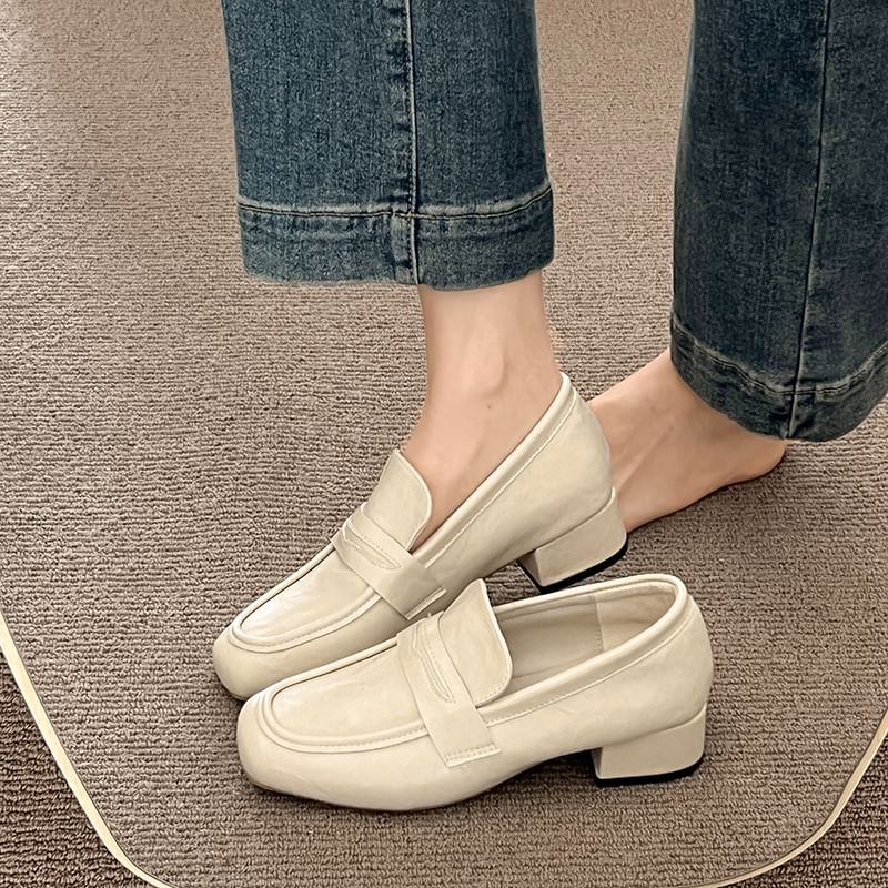 Chunky Faux Loafers Plain Heel Penny Leather