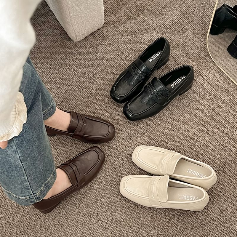 Chunky Faux Loafers Plain Heel Penny Leather
