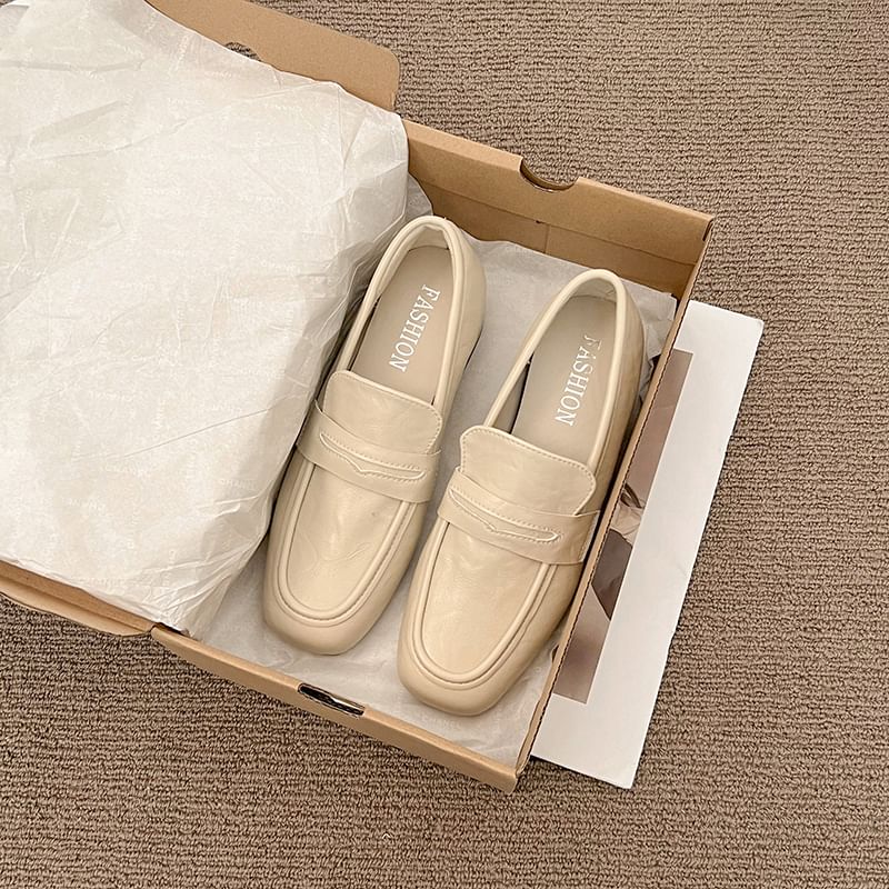 Chunky Faux Loafers Plain Heel Penny Leather