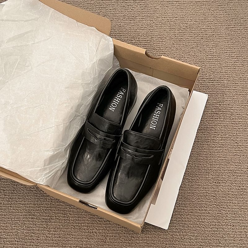 Chunky Faux Loafers Plain Heel Penny Leather