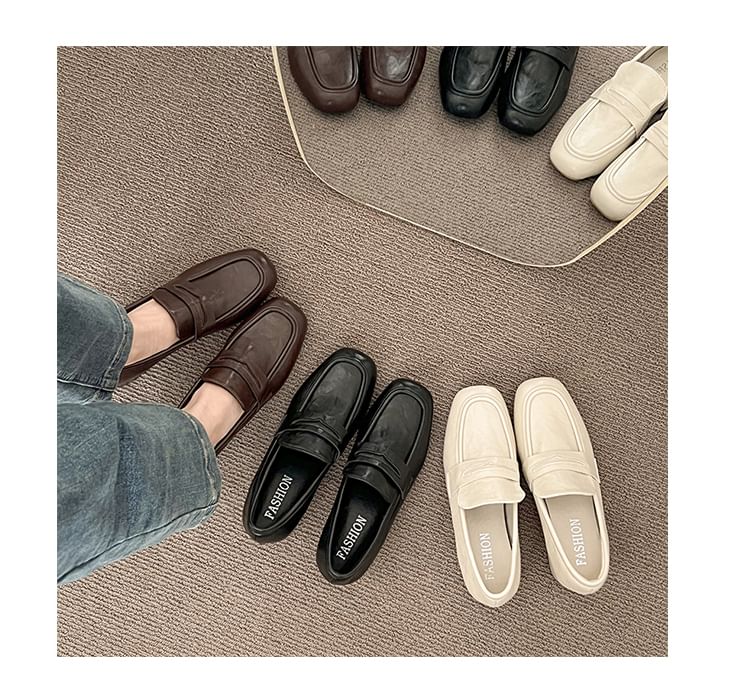 Chunky Faux Loafers Plain Heel Penny Leather