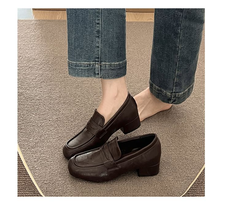Chunky Faux Loafers Plain Heel Penny Leather