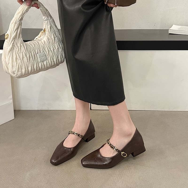 Chunky Faux Mary Jane Leather Buckled Pumps Heel