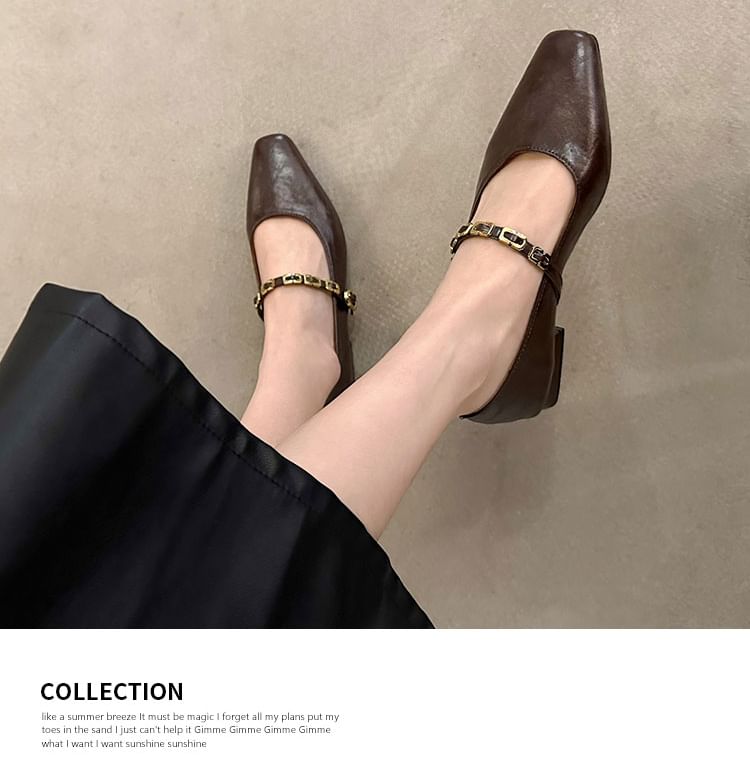 Chunky Faux Mary Jane Leather Buckled Pumps Heel