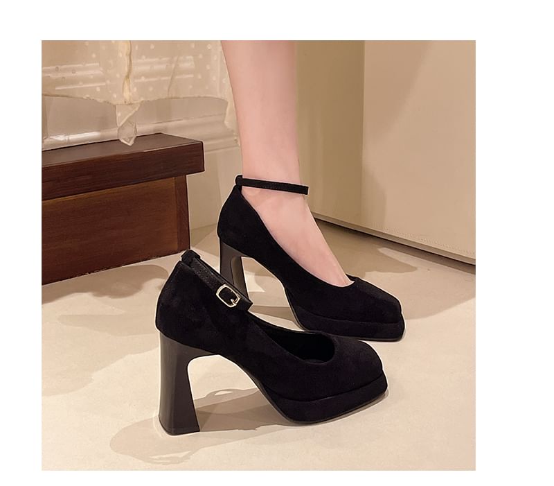 Heel Ankle Plain Toe Square Strap Pumps Chunky