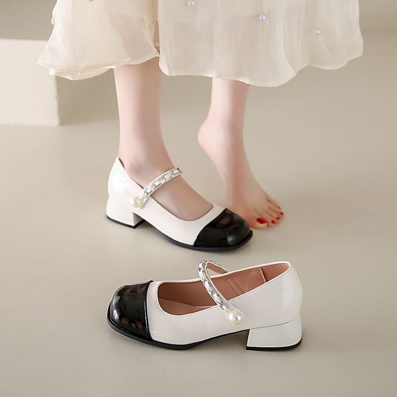 Heel Toe Pumps Faux Mary Pearl Accent Chunky Cap Jane