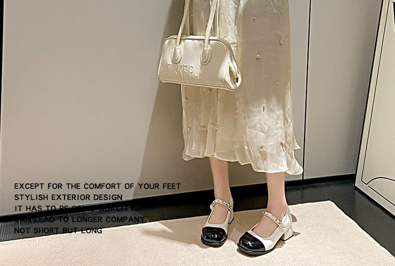 Heel Toe Pumps Faux Mary Pearl Accent Chunky Cap Jane