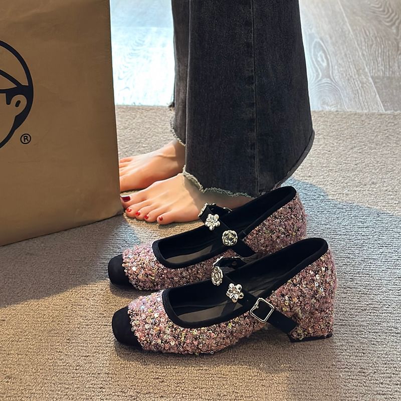 Chunky Mary Heel Metal Accent Sequin Jane Pumps