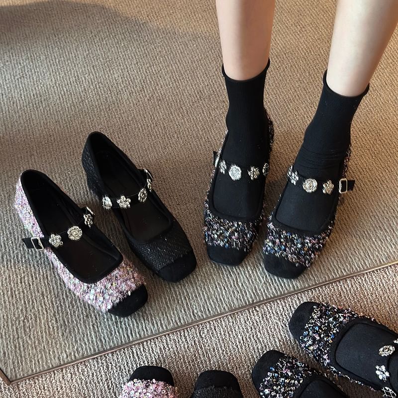 Chunky Mary Heel Metal Accent Sequin Jane Pumps