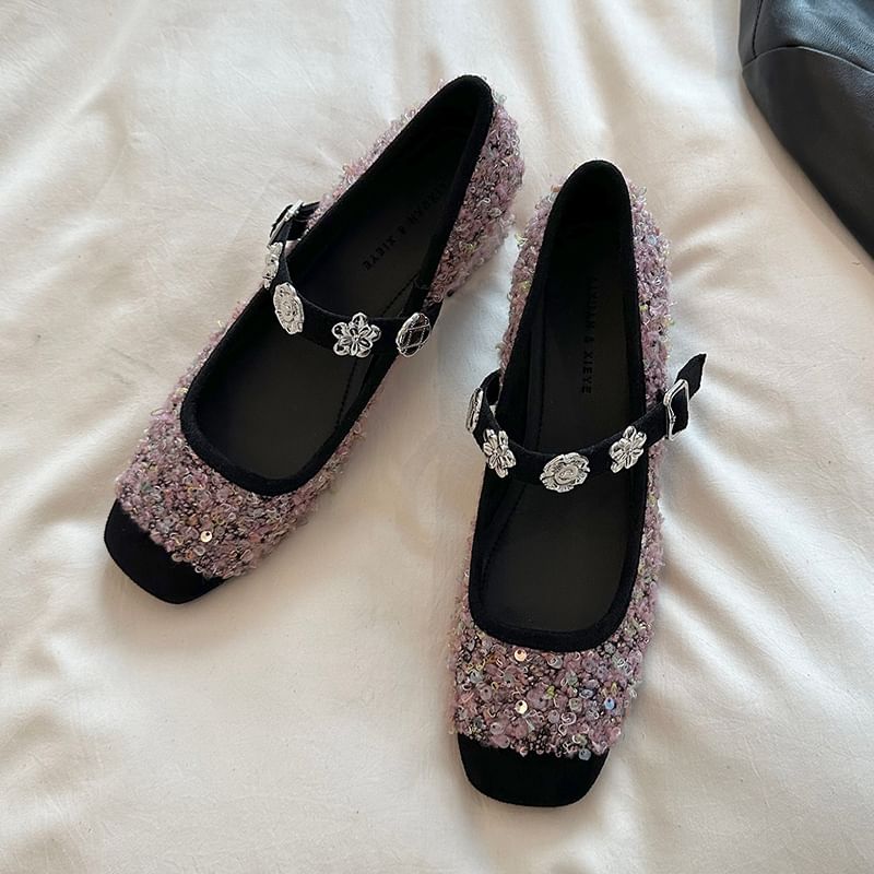 Chunky Mary Heel Metal Accent Sequin Jane Pumps