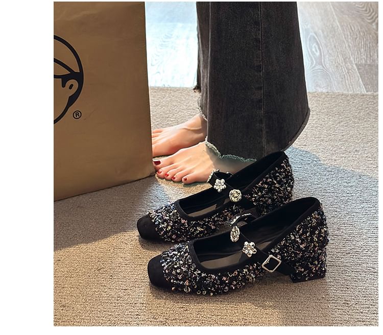 Chunky Mary Heel Metal Accent Sequin Jane Pumps