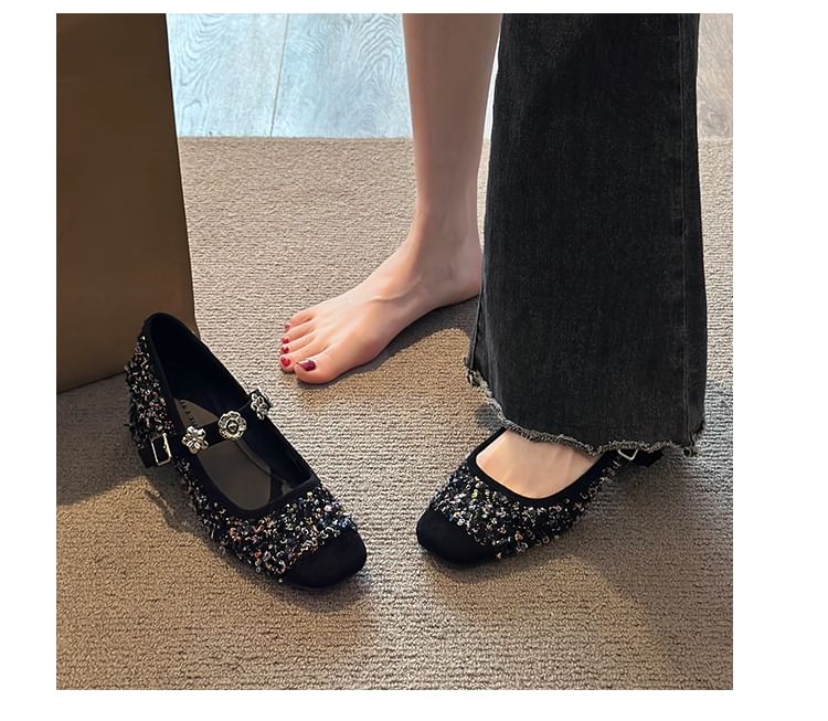 Chunky Mary Heel Metal Accent Sequin Jane Pumps