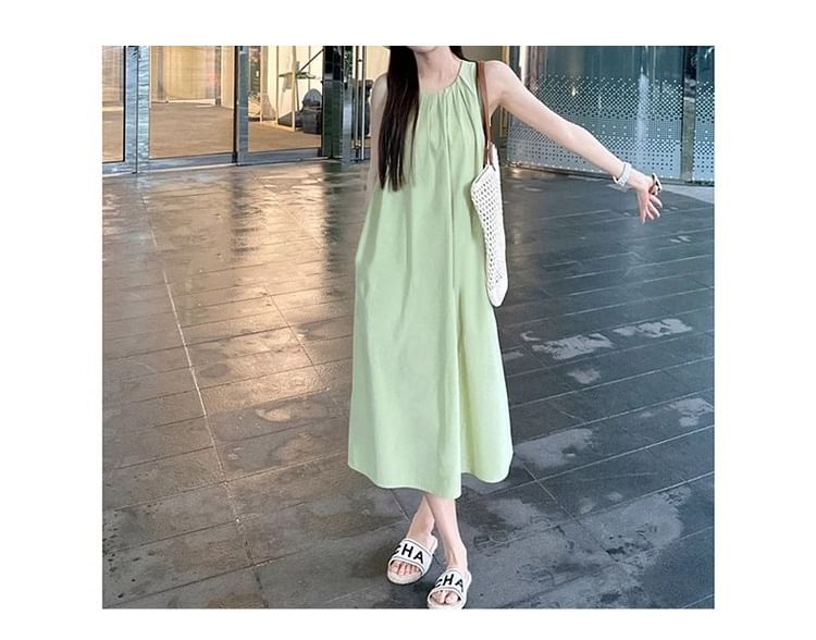 A-Line Round Midi Plain Dress Neck Sleeveless Pleated