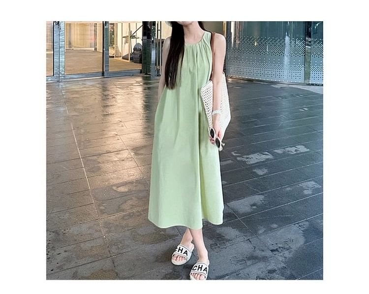 A-Line Round Midi Plain Dress Neck Sleeveless Pleated