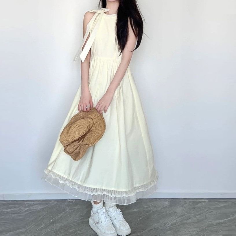 Sleeveless Mesh Bow Dress Plain Panel A-Line Maxi Round Neck