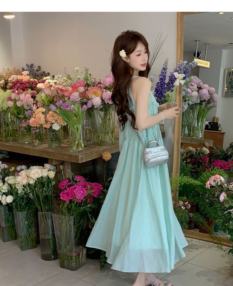 Round A-Line Midi Panel Neck Plain Dress Sleeveless