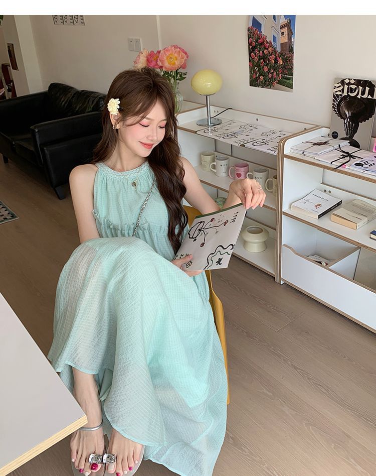 Round A-Line Midi Panel Neck Plain Dress Sleeveless