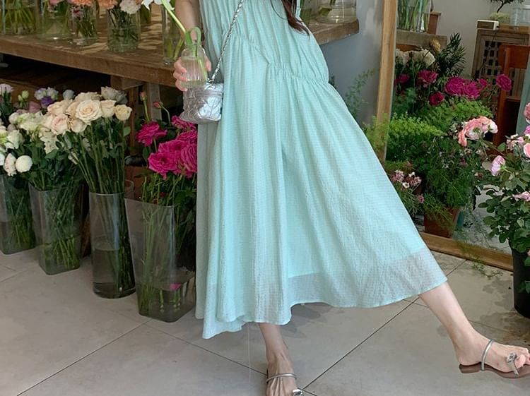 Round A-Line Midi Panel Neck Plain Dress Sleeveless