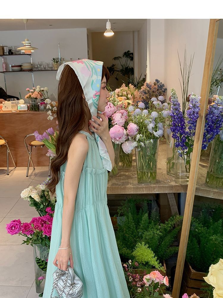 Round A-Line Midi Panel Neck Plain Dress Sleeveless