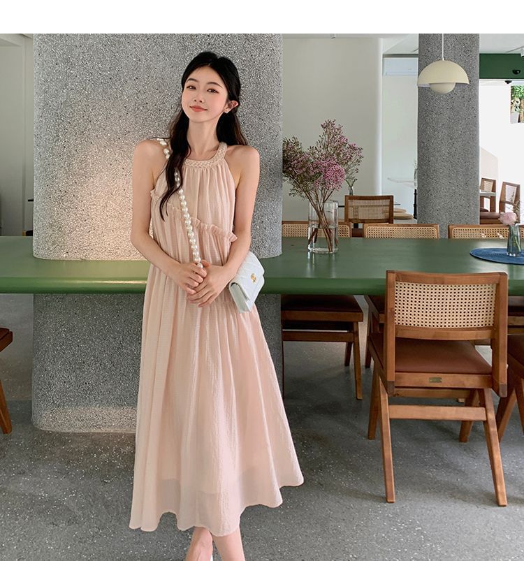 Round A-Line Midi Panel Neck Plain Dress Sleeveless