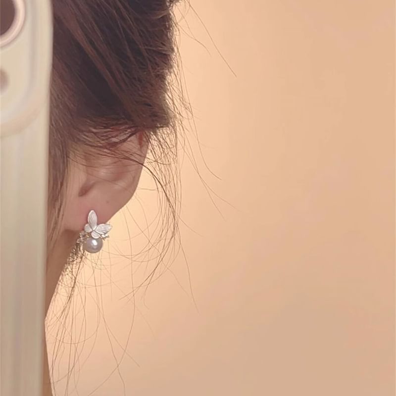Butterfly Alloy Earring Faux Drop Pearl