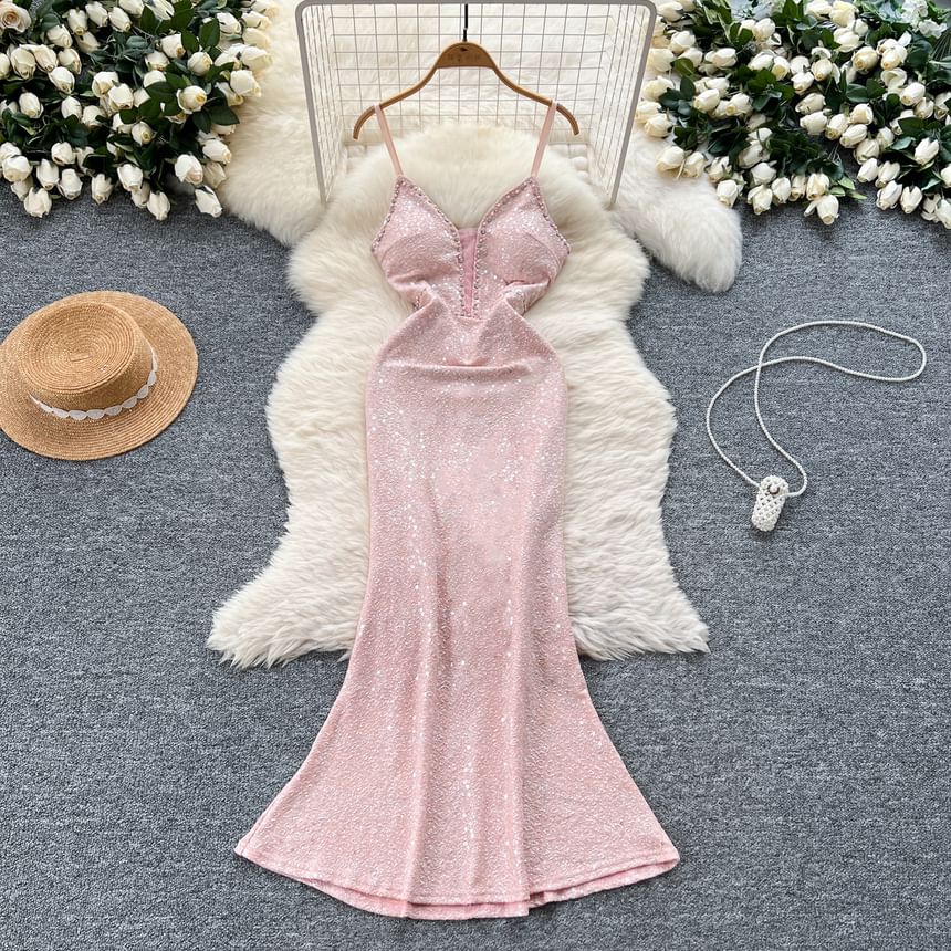Evening Spaghetti Gown Mermaid Sequined V-Neck Strap
