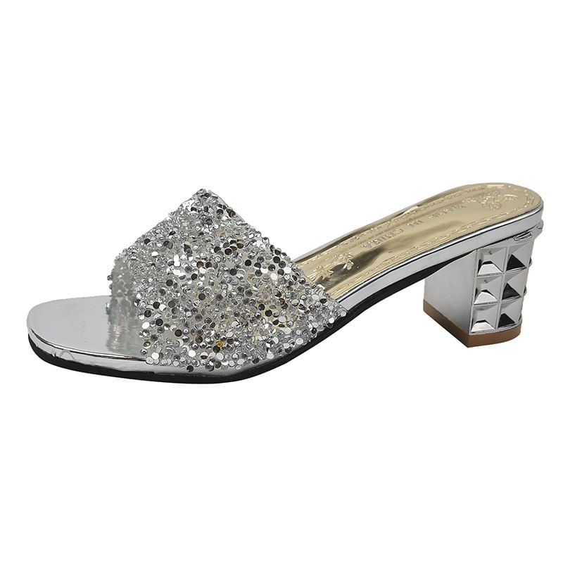 Sandals Chunky Slide Rhinestone Heel
