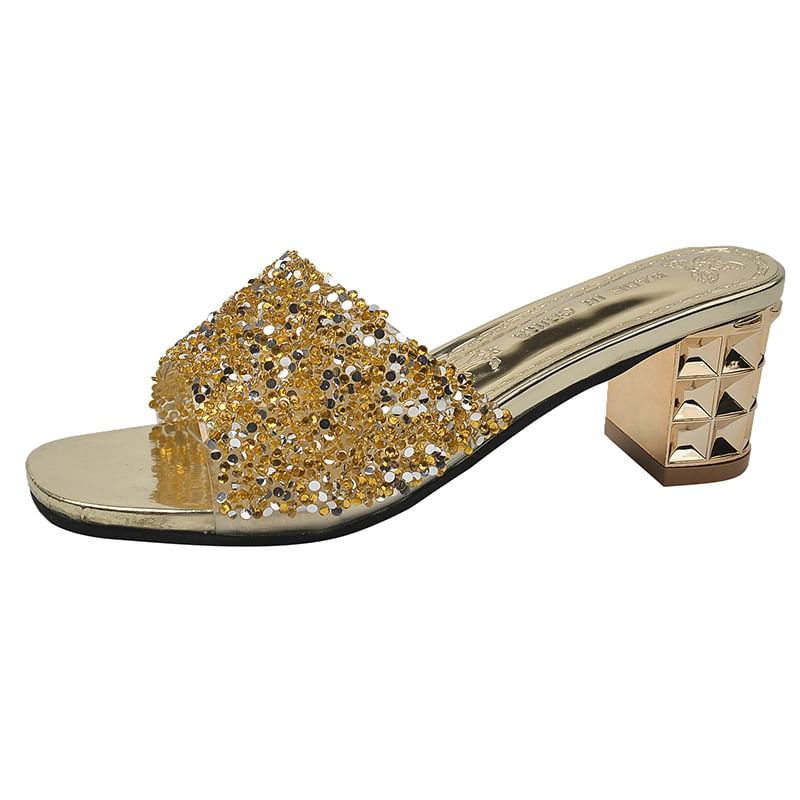 Sandals Chunky Slide Rhinestone Heel