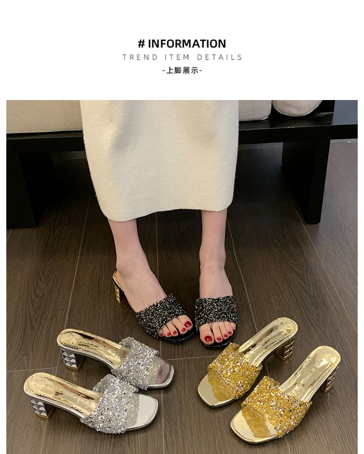 Sandals Chunky Slide Rhinestone Heel