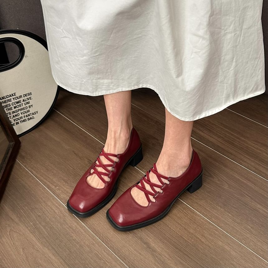 Heel Jane Toe Mary Pumps Chunky Square Plain Lace-Up