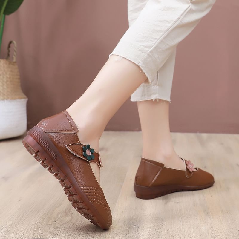 Jane Faux Detail Flower Leather Mary Shoes