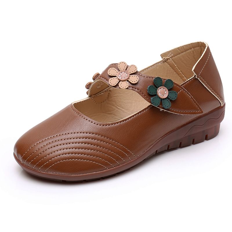 Jane Faux Detail Flower Leather Mary Shoes