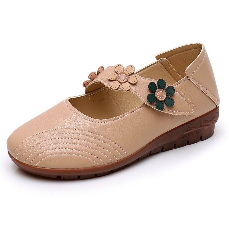 Jane Faux Detail Flower Leather Mary Shoes