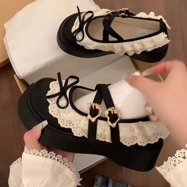 Mary Jane Platform Shoes Trim Ruffle Buckled Lace