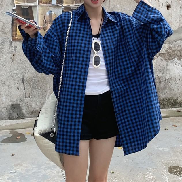 Shirt Collared Up Button Plaid Long-Sleeve